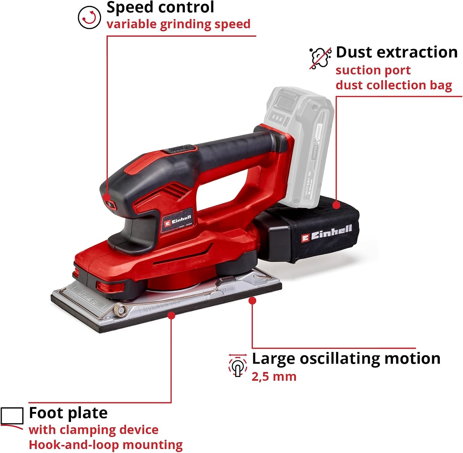 Einhell Accu Vlakschuurmachine 18V - 1/2 Vel - Power X-Change - Solo