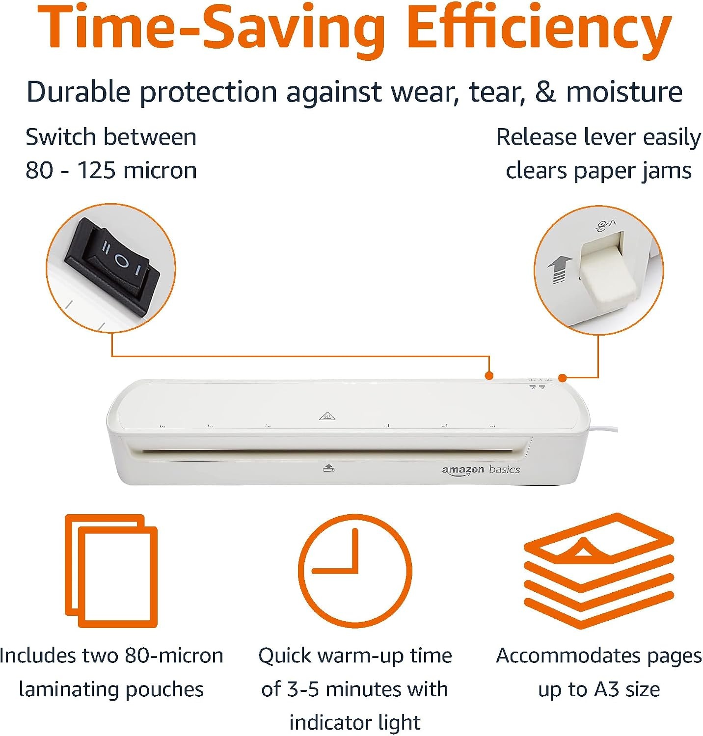 Amazon Basics Thermische lamineermachine, DIN A3-formaat, inclusief 20 x lamineerhoezen, wit - Maat A3