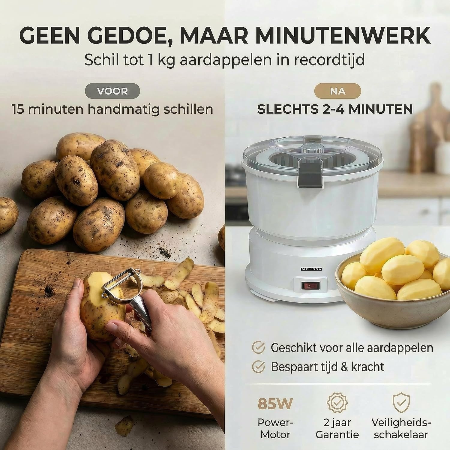 Elektrische Aardappelschiller & Saladecentrifuge - 1kg - 85W - Wit