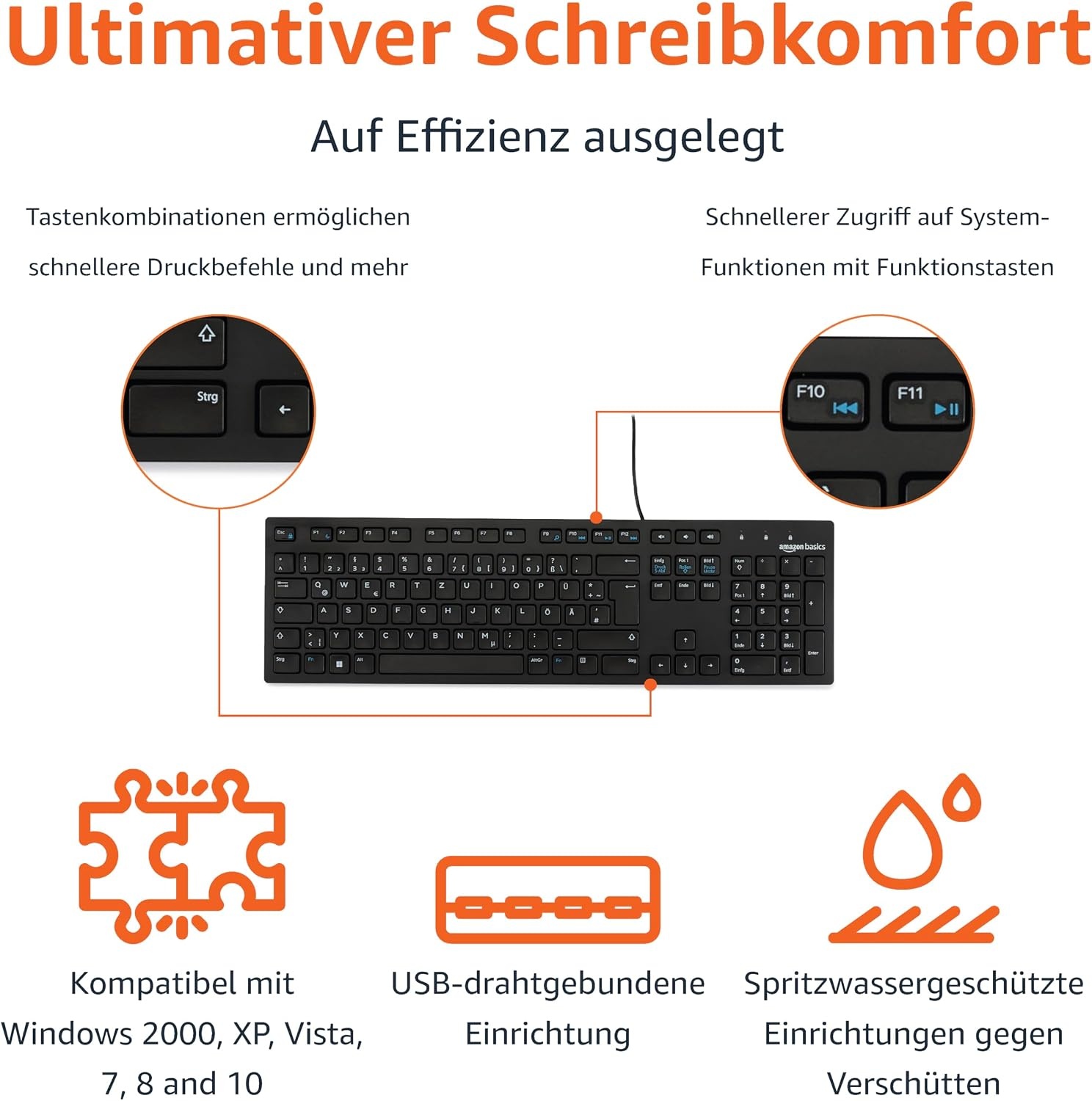 Amazon Basics USB Toetsenbord QWERTZ (Duits) Matzwart - 44% Korting
