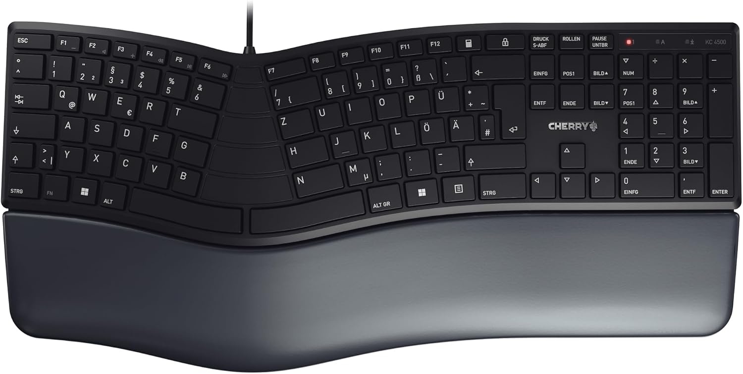 CHERRY KC 4500 ERGO, ergonomisch toetsenbord, Duitse indeling (QWERTZ), bekabeld, gevoerde handpalm met memory foam, gebogen toetsenbord, Zwart
