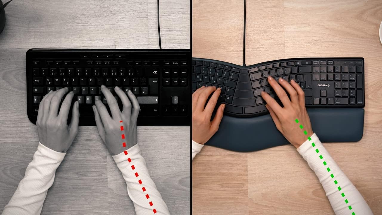CHERRY KC 4500 ERGO, ergonomisch toetsenbord, Duitse indeling (QWERTZ), bekabeld, gevoerde handpalm met memory foam, gebogen toetsenbord, Zwart