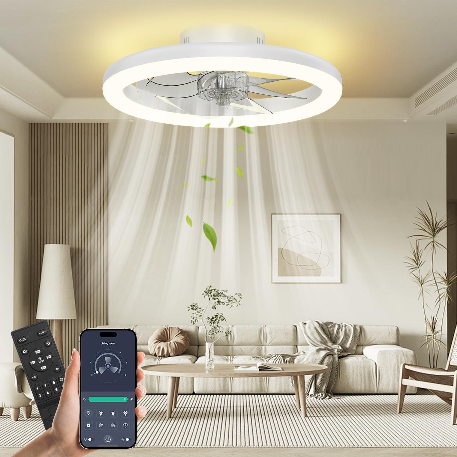 Nalezuns Plafondventilator met verlichting, 40 cm led-dimbare plafondverlichting, app en afstandsbediening, eetkamerlamp met ventilator, 6 standen, timer, stil, wit