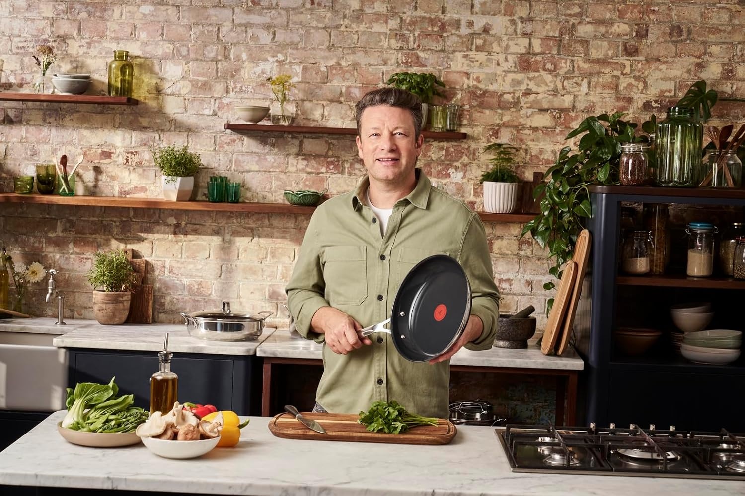 Jamie Oliver by Tefal Direct Cook 28 cm koekenpan, roestvrij staal, keramische antiaanbaklaag + panbeschermer, H8802S34 - Maat 28 cm Koekenpan