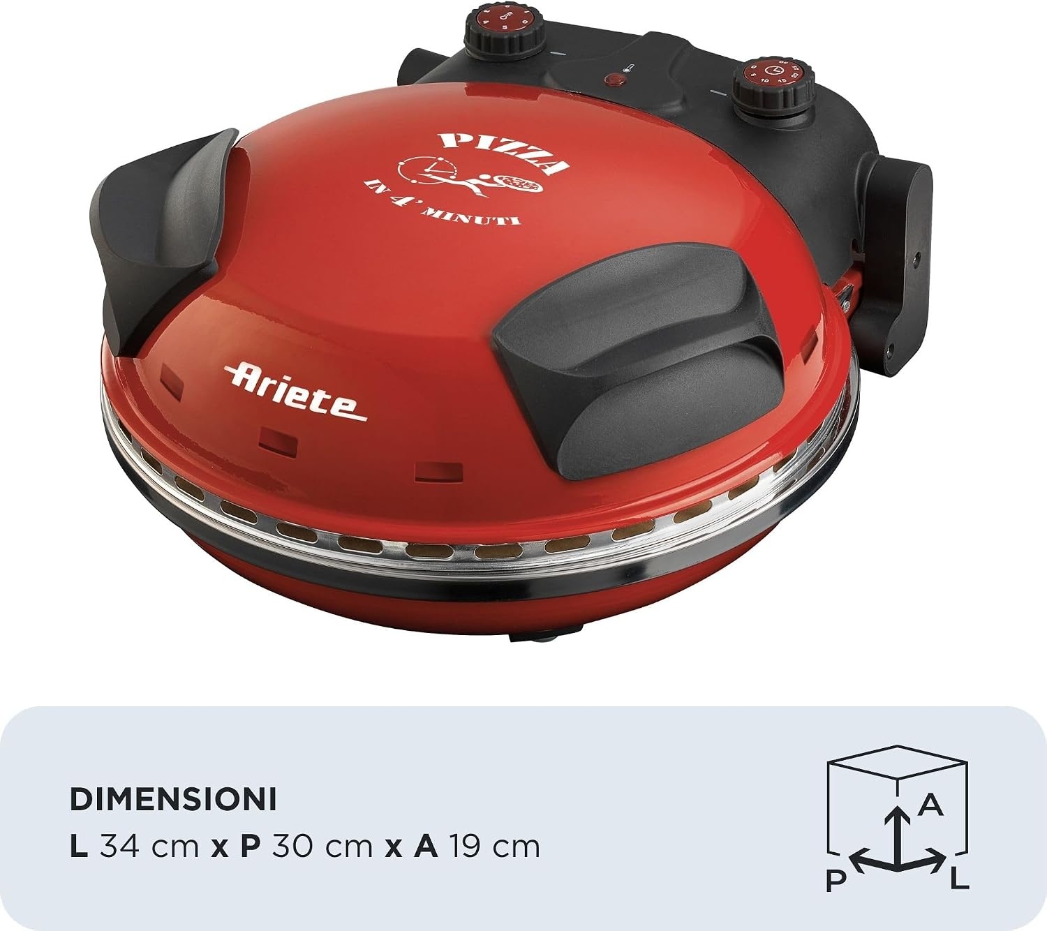 Ariete 909 Pizzaoven, pizza in 4 minuten, plaat van vuurvaste steen met antiaanbaklaag, maximale temperatuur 400 graden, 1200 watt, timer 30 inch