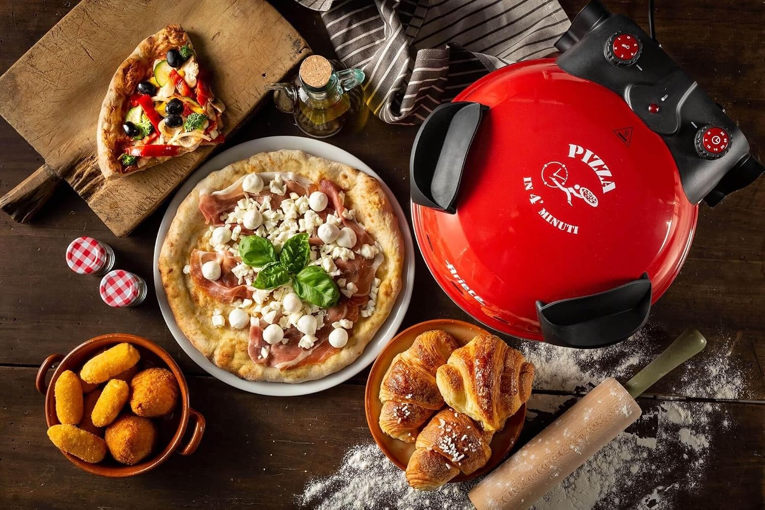Ariete 909 Pizzaoven, pizza in 4 minuten, plaat van vuurvaste steen met antiaanbaklaag, maximale temperatuur 400 graden, 1200 watt, timer 30 inch