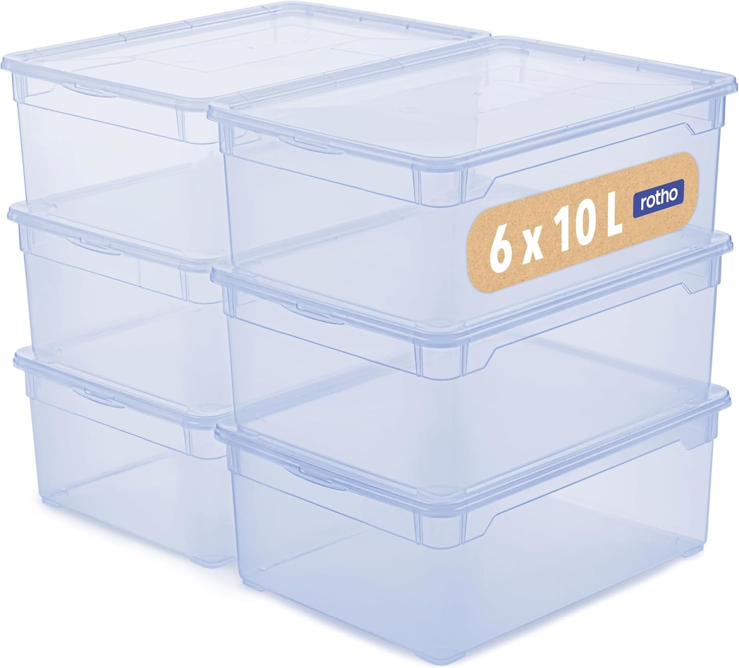 Rotho Clear opbergboxen met deksel 6 x 10 liter - Transparant Blauw