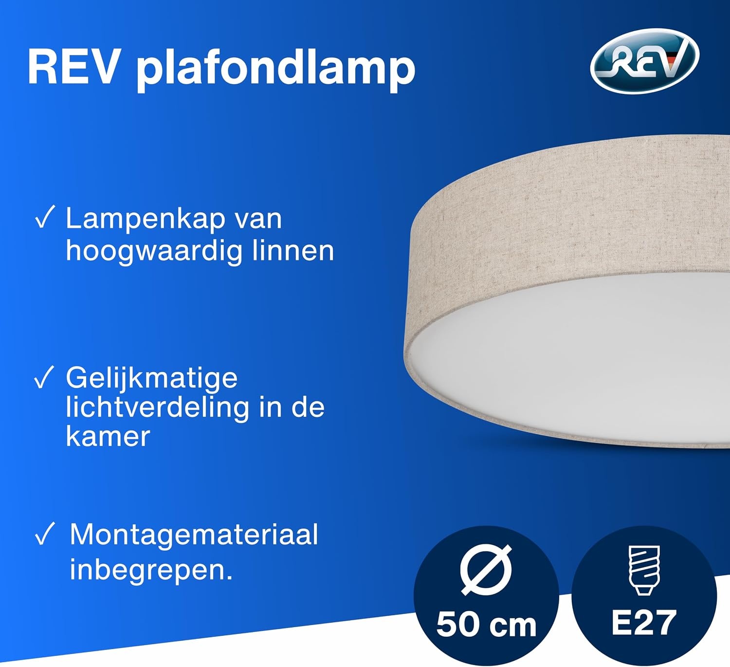 REV plafondlamp rond - 50cm, met stoffen lampenkap, taupe