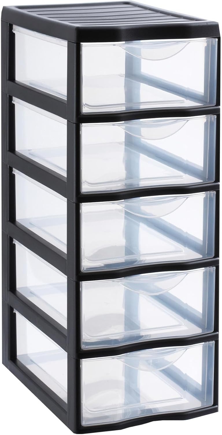 Sundis Orgamix Opbergtoren met 5 lades A4 - Zwart/Transparant - 36,5 x 26 x 61 cm