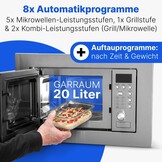 Bomann 2in1 inbouw magnetron | met grill | 20 liter | 8 automatische programma's | ontdooifunctie | grillrooster en draaiplateau (Ø 24.5 cm) | 800 watt | roestvrij staal | MWG 2215 EB