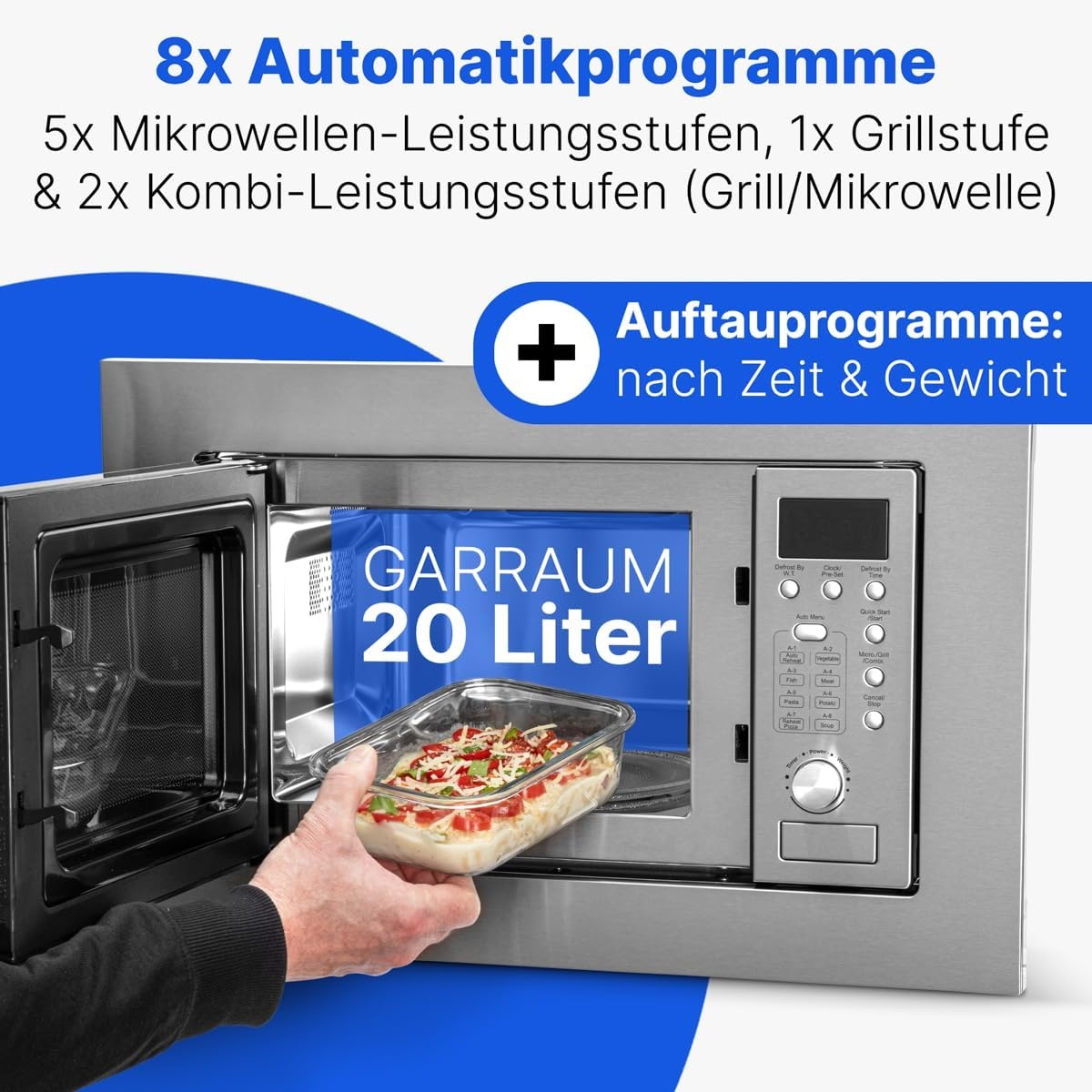 Bomann 2in1 inbouw magnetron | met grill | 20 liter | 8 automatische programma's | ontdooifunctie | grillrooster en draaiplateau (Ø 24.5 cm) | 800 watt | roestvrij staal | MWG 2215 EB