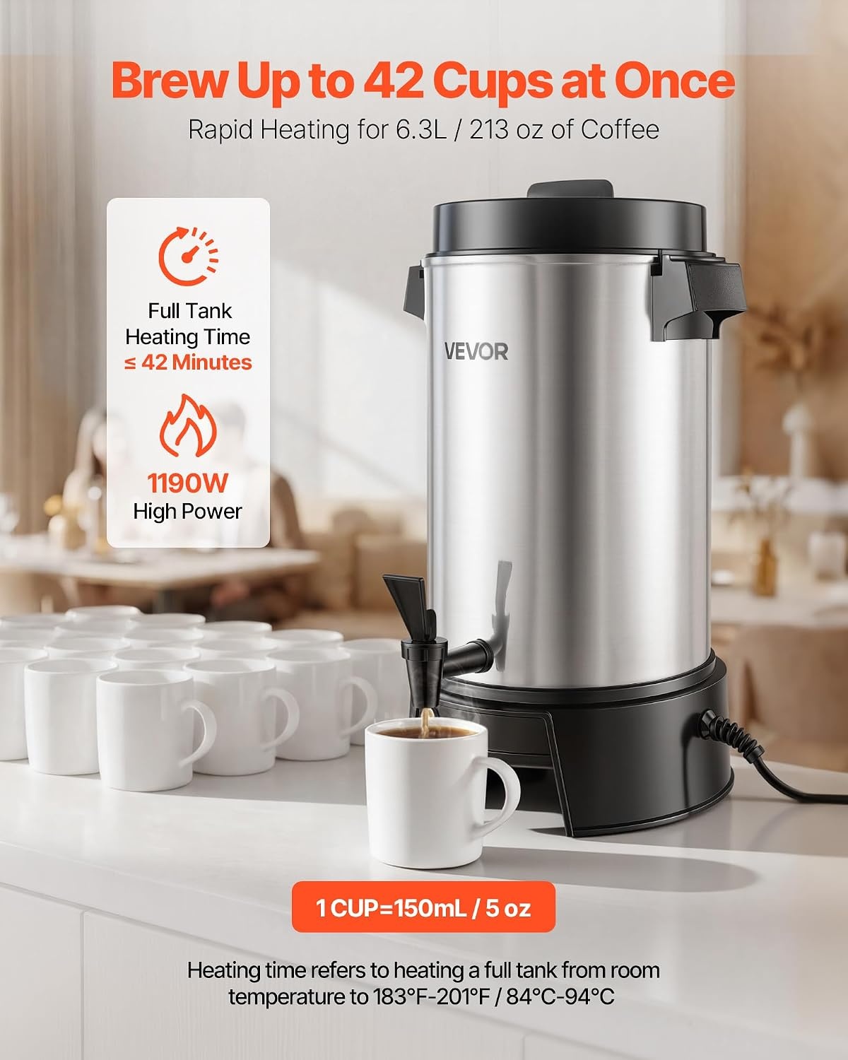 VEVOR Commerciële warme drankendispenser voor koffie, 6,3 l, 42 kopjes, 1190 W, warmwaterdispenser met druppelvrije kraan, automatische temperatuurregeling, voor catering, feesten, kerken en - Maat 6.3 L