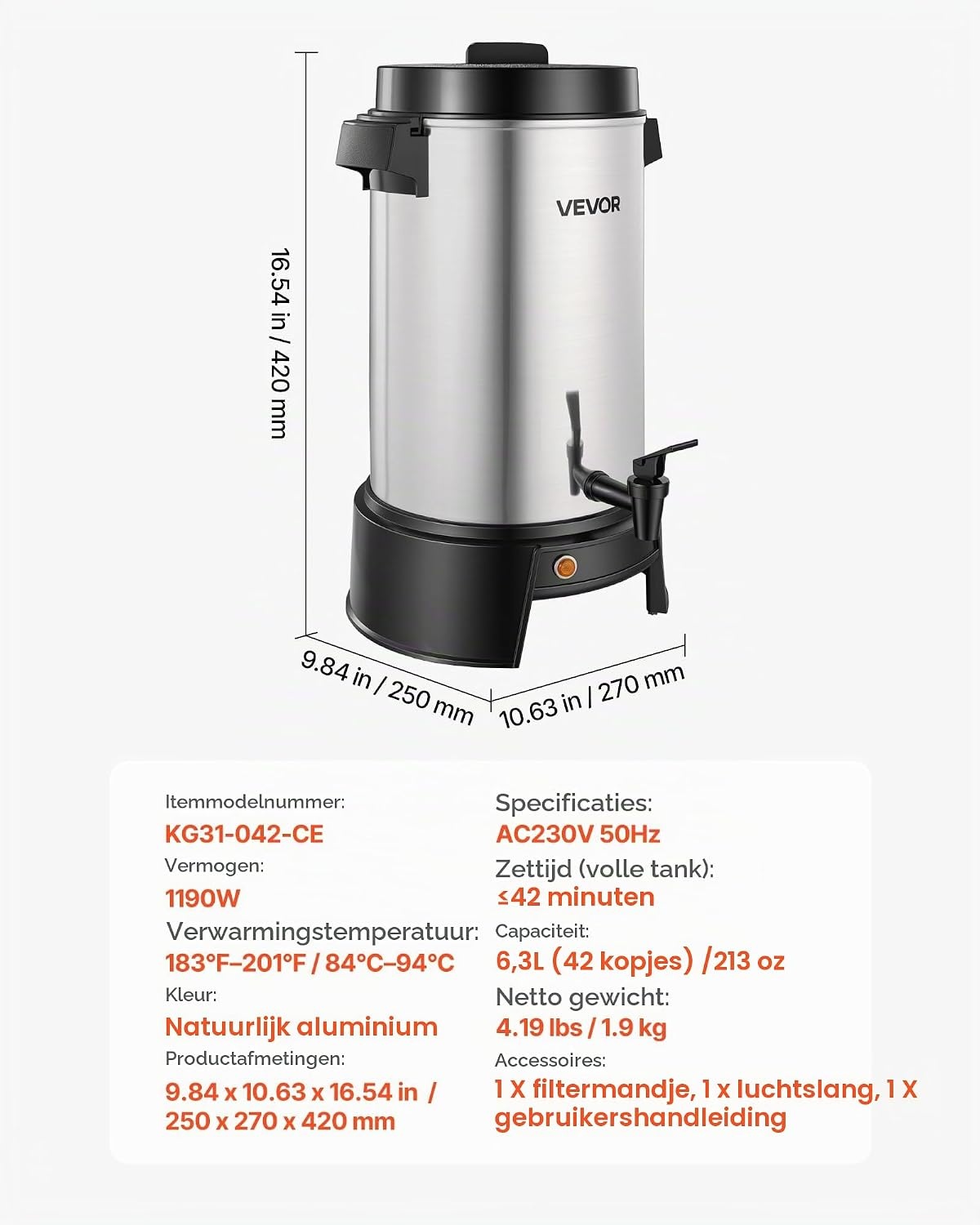 VEVOR Commerciële warme drankendispenser voor koffie, 6,3 l, 42 kopjes, 1190 W, warmwaterdispenser met druppelvrije kraan, automatische temperatuurregeling, voor catering, feesten, kerken en - Maat 6.3 L