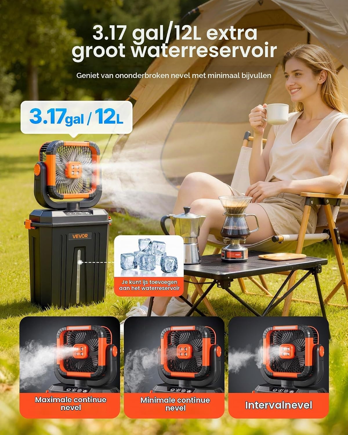 VEVOR Campingverstuiver met motor, watertank, 12 liter, 4 windsnelheden en 3 verlichtingsmodi, waterkoelventilator voor binnen