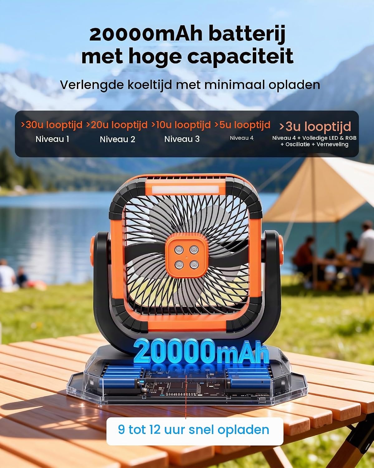 VEVOR Campingverstuiver met motor, watertank, 12 liter, 4 windsnelheden en 3 verlichtingsmodi, waterkoelventilator voor binnen