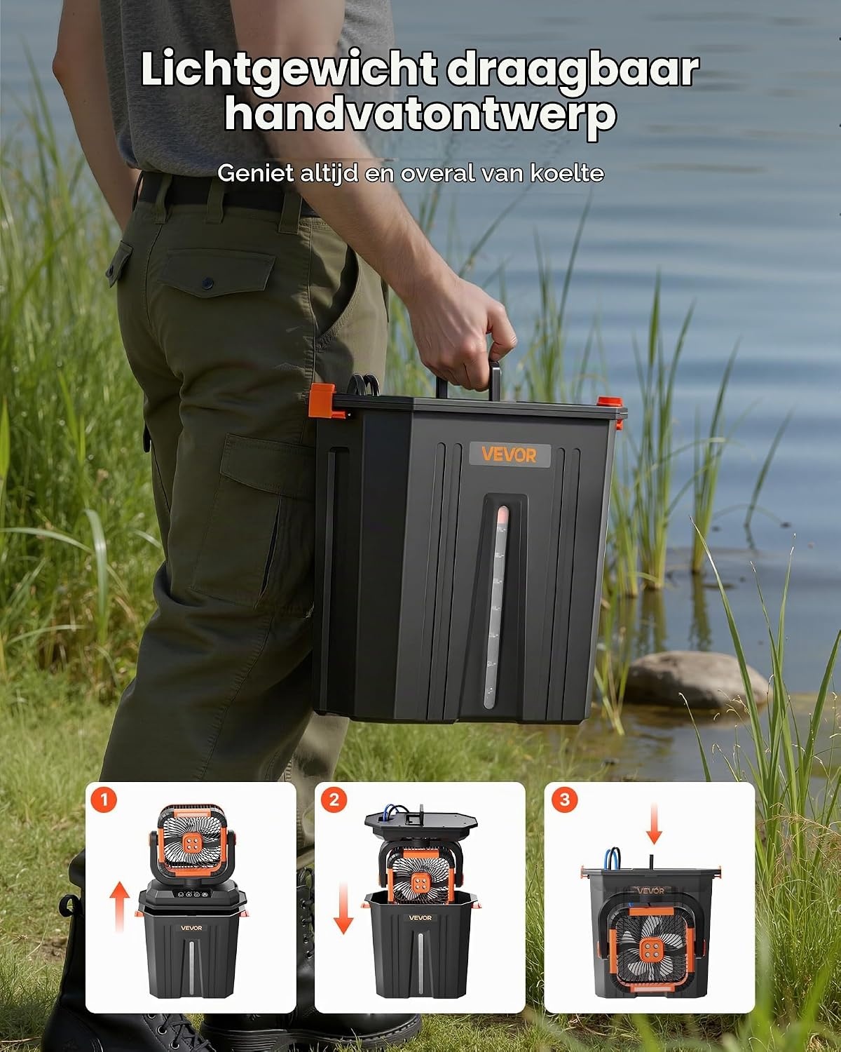 VEVOR Campingverstuiver met motor, watertank, 12 liter, 4 windsnelheden en 3 verlichtingsmodi, waterkoelventilator voor binnen