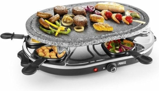 Princess Gourmetstel 162720 - Oval Steengrill & Raclette Party – 8 personen - 2 meter snoer - Regelbare thermostaat - 1200W - 8 pannetjes - PFAS vrij