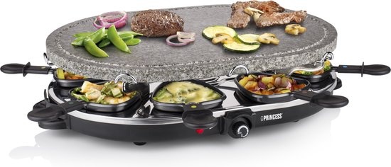 Princess Gourmetstel 162720 - Oval Steengrill & Raclette Party – 8 personen - 2 meter snoer - Regelbare thermostaat - 1200W - 8 pannetjes - PFAS vrij