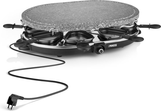 Princess Gourmetstel 162720 - Oval Steengrill & Raclette Party – 8 personen - 2 meter snoer - Regelbare thermostaat - 1200W - 8 pannetjes - PFAS vrij
