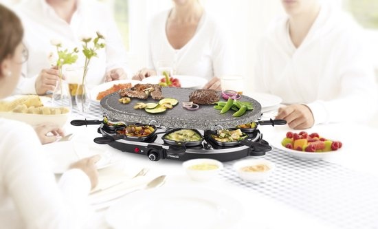 Princess Gourmetstel 162720 - Oval Steengrill & Raclette Party – 8 personen - 2 meter snoer - Regelbare thermostaat - 1200W - 8 pannetjes - PFAS vrij