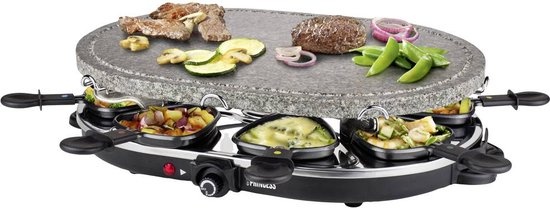 Princess Gourmetstel 162720 - Oval Steengrill & Raclette Party – 8 personen - 2 meter snoer - Regelbare thermostaat - 1200W - 8 pannetjes - PFAS vrij