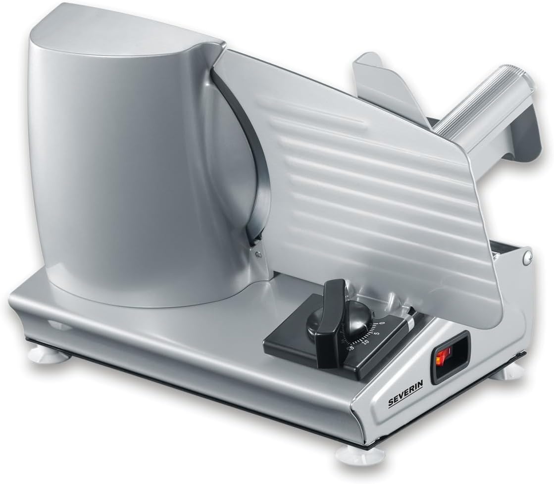 SEVERIN Allessnijder voor brood, vleeswaren of kaas, broodsnijmachine met traploos instelbare snijdikte, snijmachine met vingerbescherming, zilver, AS 3915