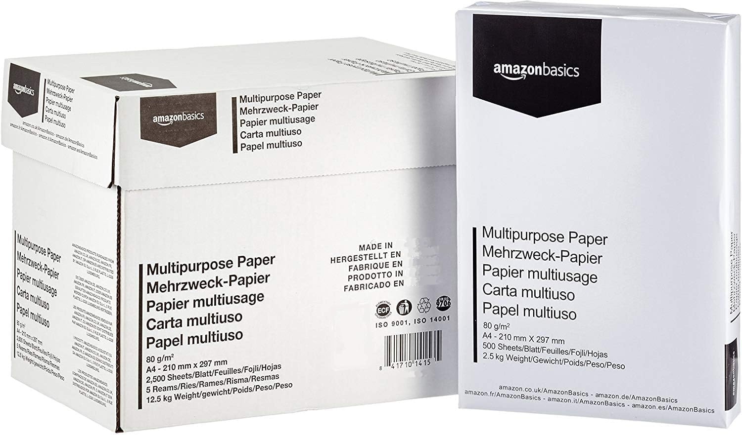Amazon Basics Printerpapier, DIN A4, 80 g/m², 2500 stuks, 5 verpakkingen van 500, wit