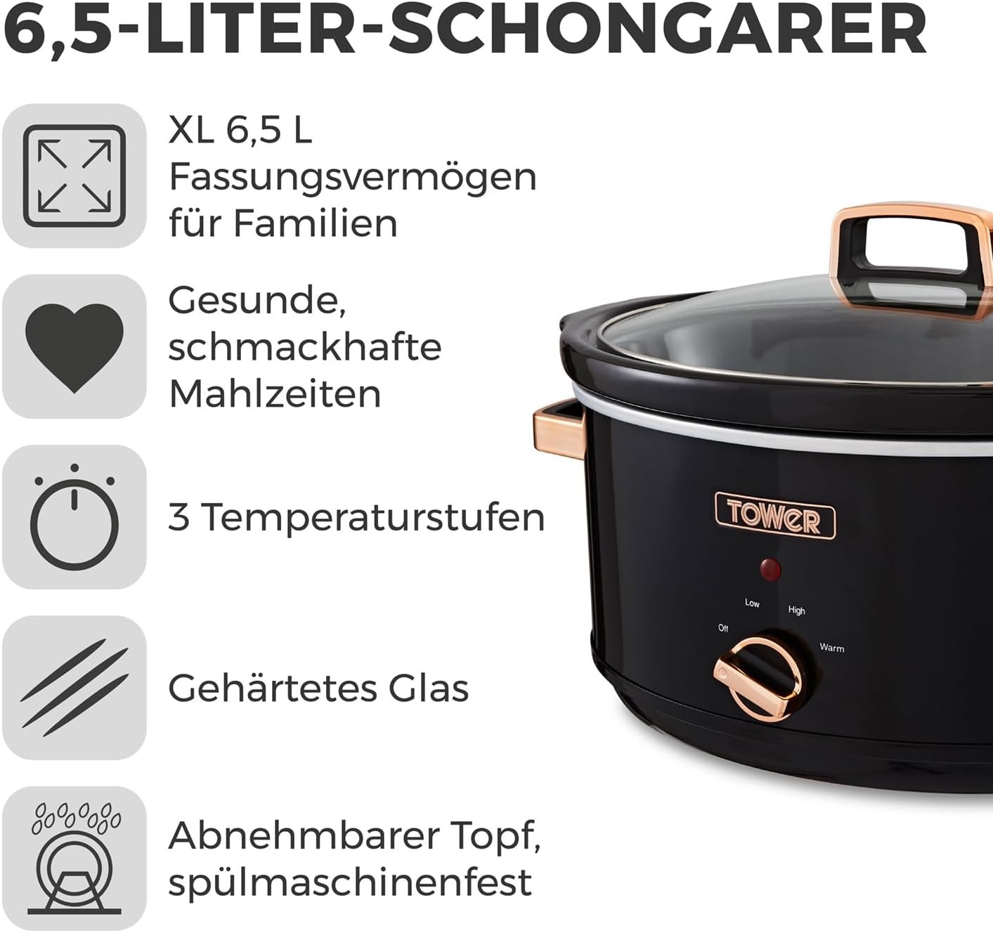 Tower Infinity Slow Cooker - 6,5 Liter - Zwart en Roségoud