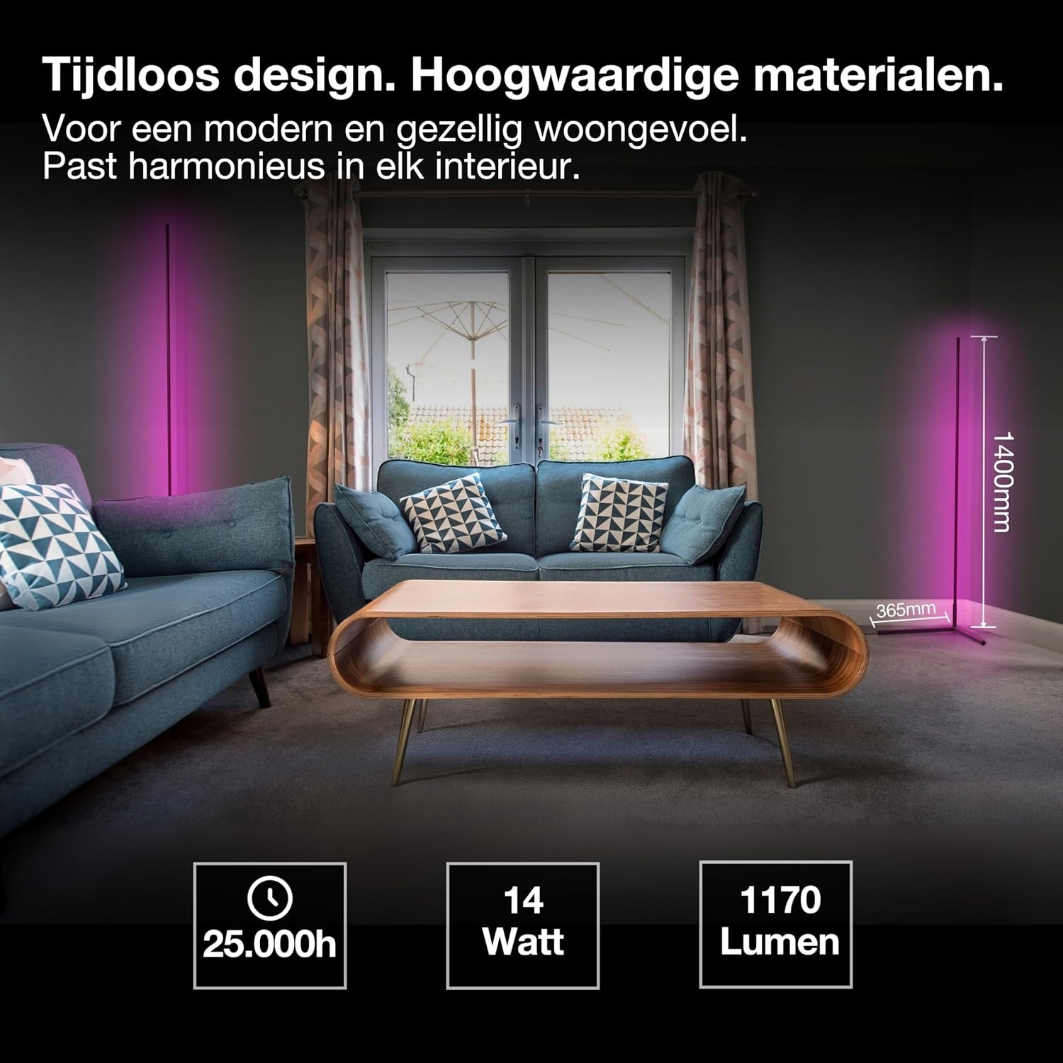 Osram Matter over Wifi Floor Corner LED staande lamp, 1400 mm, 14 W, RGBW, 2700-6500 K, wifi, afstandsbediening, zwart, omgevingslicht