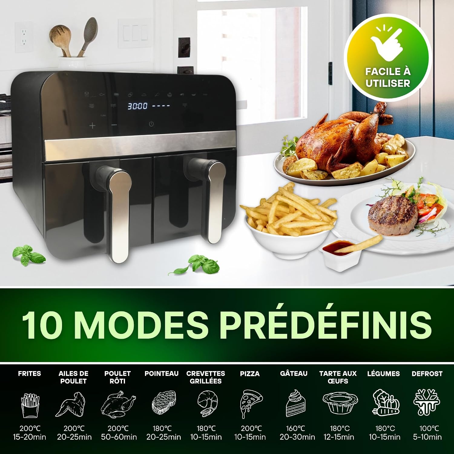 Comfy Nest, CNAFD45NB, heteluchtfriteuse, Air Fryer, digitale dubbele mand, 2400 W, 9 l, gezond en snel koken, modern design, eenvoudig te bedienen, ideaal voor het hele gezin, zwart