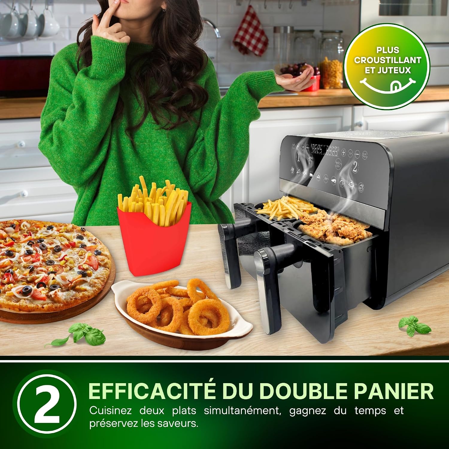 Comfy Nest, CNAFD45NB, heteluchtfriteuse, Air Fryer, digitale dubbele mand, 2400 W, 9 l, gezond en snel koken, modern design, eenvoudig te bedienen, ideaal voor het hele gezin, zwart