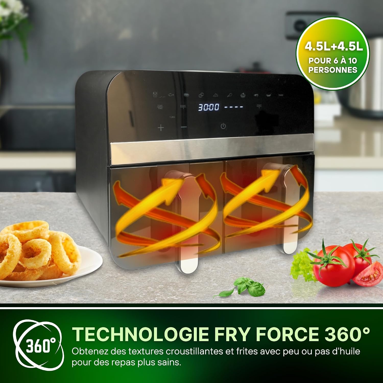 Comfy Nest, CNAFD45NB, heteluchtfriteuse, Air Fryer, digitale dubbele mand, 2400 W, 9 l, gezond en snel koken, modern design, eenvoudig te bedienen, ideaal voor het hele gezin, zwart