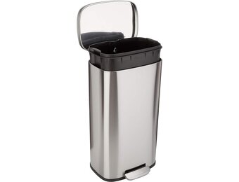 Amazon Basics Keukenvuilnisbak, vierkant, met stalen balk als voetpedaal, soft-close-mechanisme, voor thuis en op kantoor, 30 liter, satijnen nikkel afwerking - Maat ['30 Liter']
