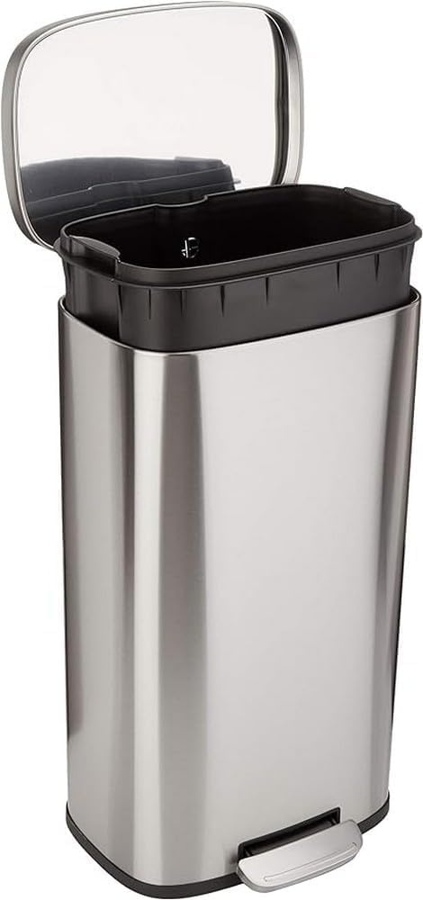 Amazon Basics Keukenvuilnisbak, vierkant, met stalen balk als voetpedaal, soft-close-mechanisme, voor thuis en op kantoor, 30 liter, satijnen nikkel afwerking - Maat ['30 Liter']