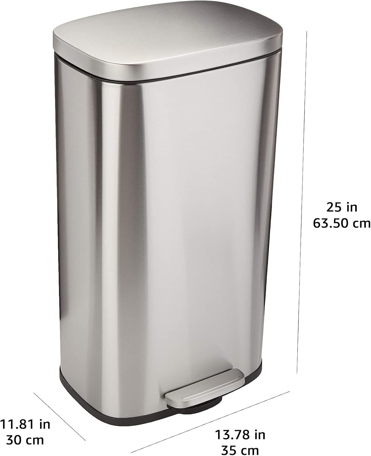 Amazon Basics Keukenvuilnisbak, vierkant, met stalen balk als voetpedaal, soft-close-mechanisme, voor thuis en op kantoor, 30 liter, satijnen nikkel afwerking - Maat ['30 Liter']