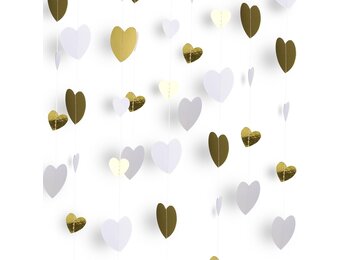 Papieren slinger, wit en goud hartpapier, streamer, banner, bruiloftsdecoratie, metalen papier, hangende slinger voor verjaardag, vrijgezellenfeest, verloving, Valentijnsdag, Kerstmis, feestdecoraties