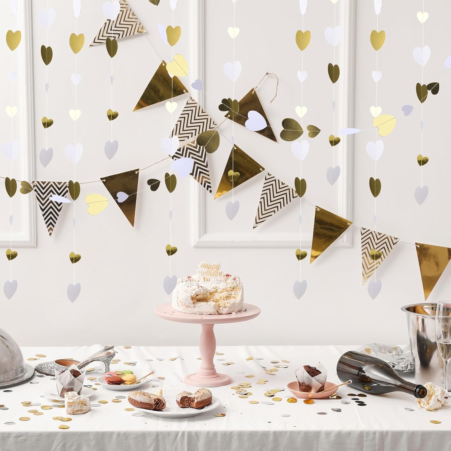 Papieren slinger, wit en goud hartpapier, streamer, banner, bruiloftsdecoratie, metalen papier, hangende slinger voor verjaardag, vrijgezellenfeest, verloving, Valentijnsdag, Kerstmis, feestdecoraties