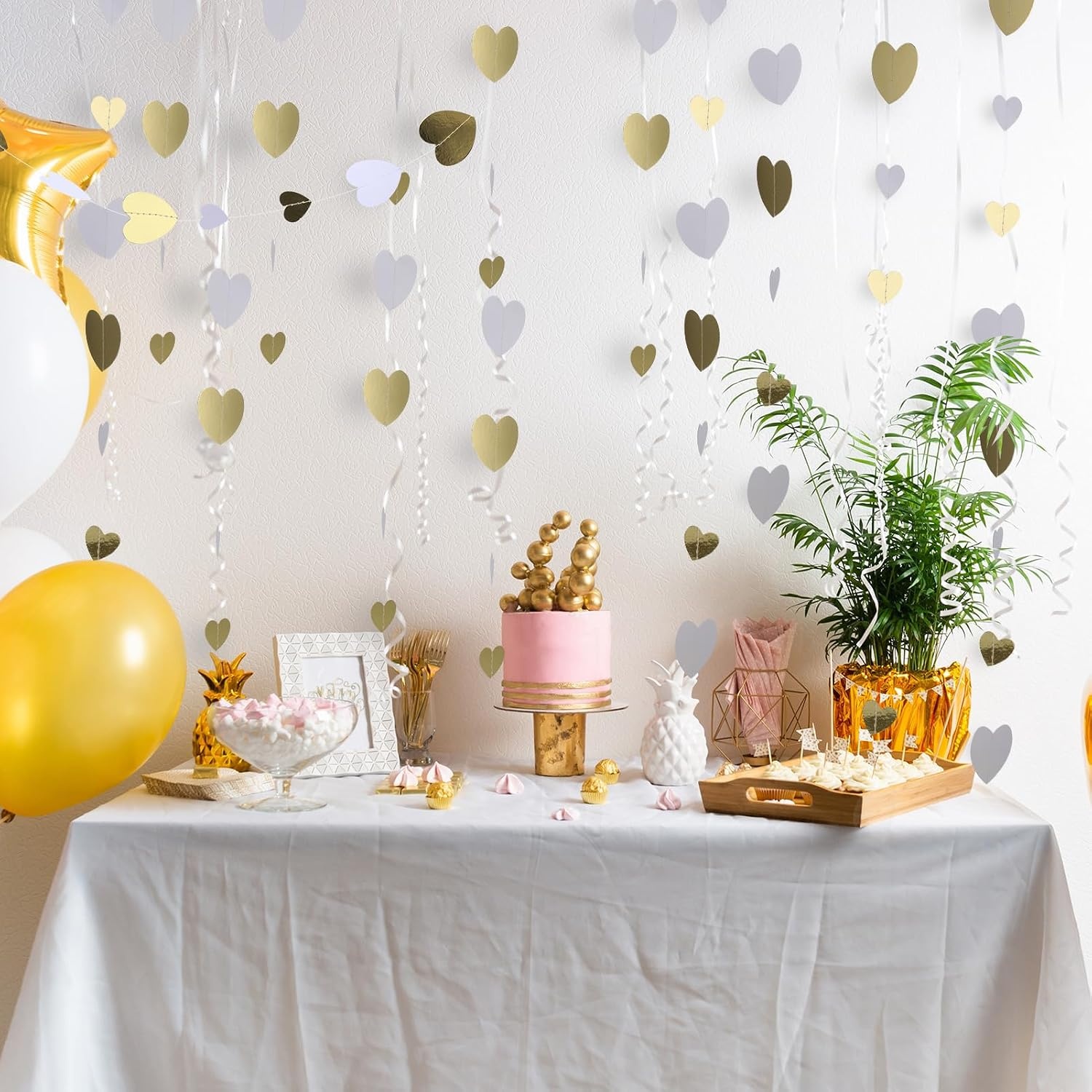 Papieren slinger, wit en goud hartpapier, streamer, banner, bruiloftsdecoratie, metalen papier, hangende slinger voor verjaardag, vrijgezellenfeest, verloving, Valentijnsdag, Kerstmis, feestdecoraties