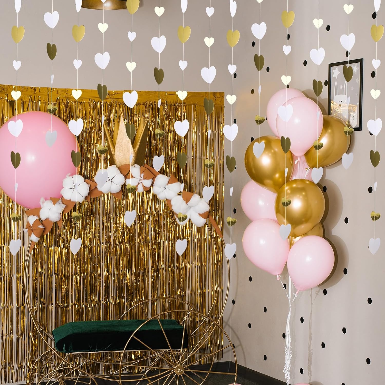Papieren slinger, wit en goud hartpapier, streamer, banner, bruiloftsdecoratie, metalen papier, hangende slinger voor verjaardag, vrijgezellenfeest, verloving, Valentijnsdag, Kerstmis, feestdecoraties