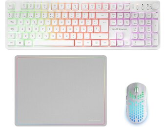 Mars Gaming MCPWX, Spaans, Draadloze Gaming-Combo, DualPro Link 2.4GPRO-Technologie, Volledig FRGB-toetsenbord met Multimediabediening + RGB 3200DPI Muis + Antislip Muismat 360x260mm, Wit