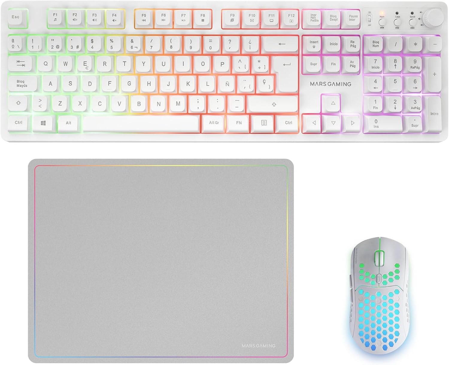 Mars Gaming MCPWX, Spaans, Draadloze Gaming-Combo, DualPro Link 2.4GPRO-Technologie, Volledig FRGB-toetsenbord met Multimediabediening + RGB 3200DPI Muis + Antislip Muismat 360x260mm, Wit