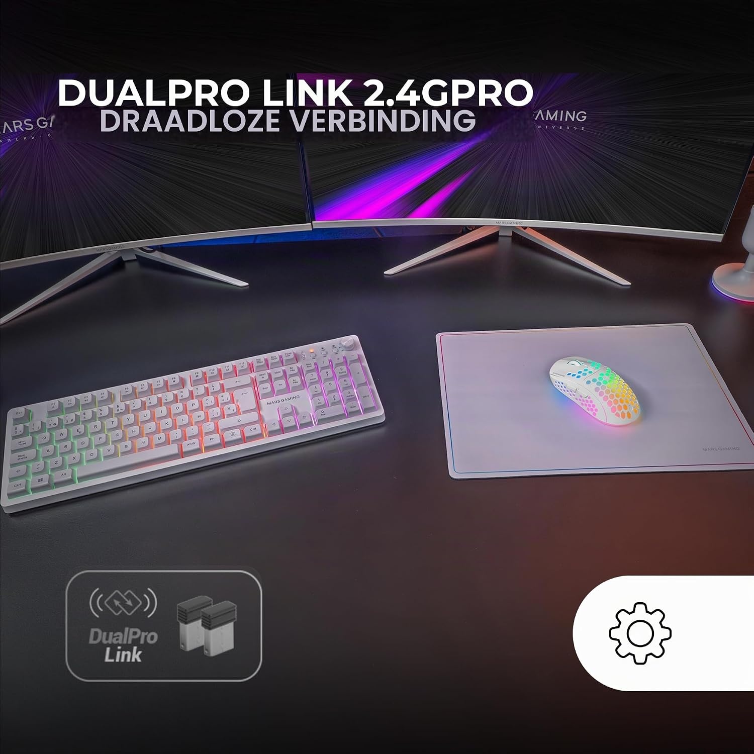 Mars Gaming MCPWX, Spaans, Draadloze Gaming-Combo, DualPro Link 2.4GPRO-Technologie, Volledig FRGB-toetsenbord met Multimediabediening + RGB 3200DPI Muis + Antislip Muismat 360x260mm, Wit