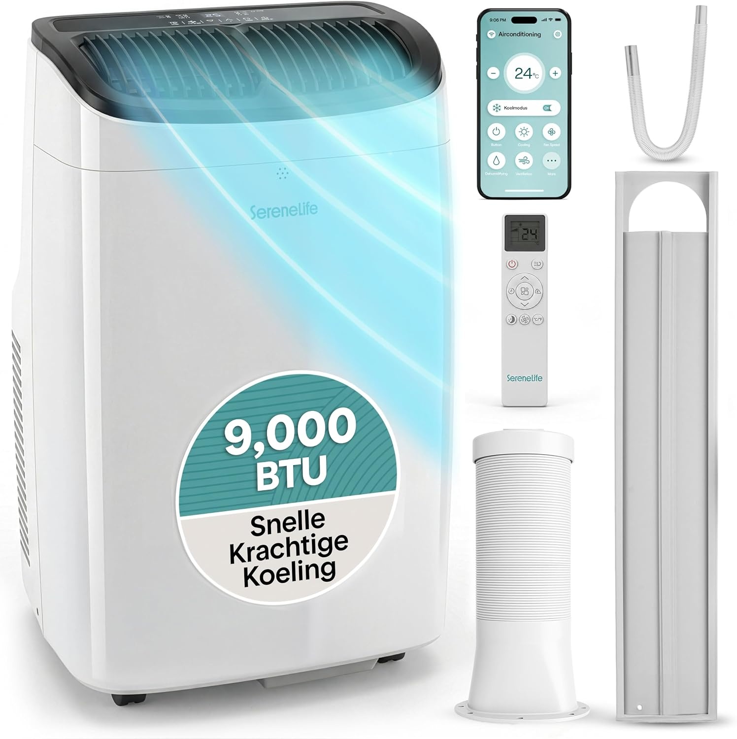 SereneLife Mobiele Airco 9000 BTU - Wit - Met WiFi, Afstandsbediening en Raamafdichtingsset