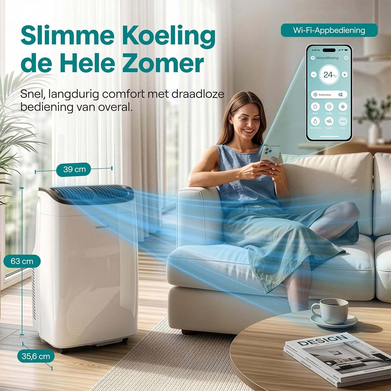 SereneLife Mobiele Airco 9000 BTU - Wit - Met WiFi, Afstandsbediening en Raamafdichtingsset