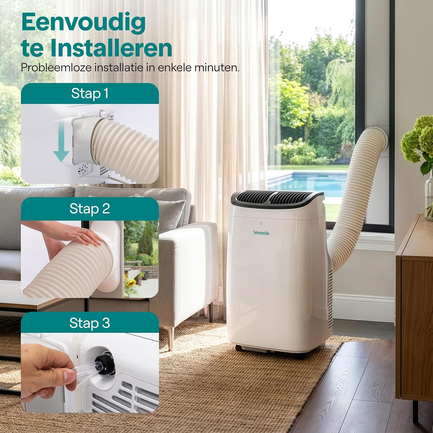 SereneLife Mobiele Airco 9000 BTU - Wit - Met WiFi, Afstandsbediening en Raamafdichtingsset