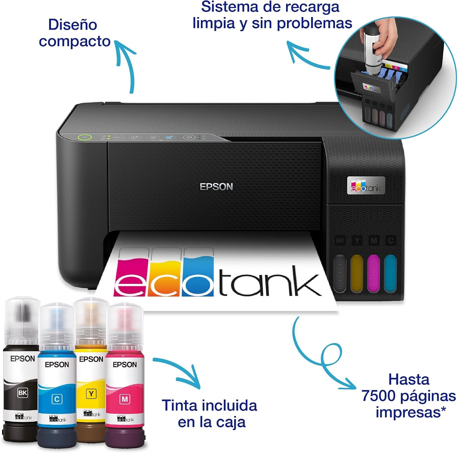 Epson EcoTank ET-2862 multifunctionele printer A4, navulbare tanks, hoge capaciteit, 4 flessen inbegrepen, komt overeen met 3600 pagina's B/N 6500 pagina's kleur