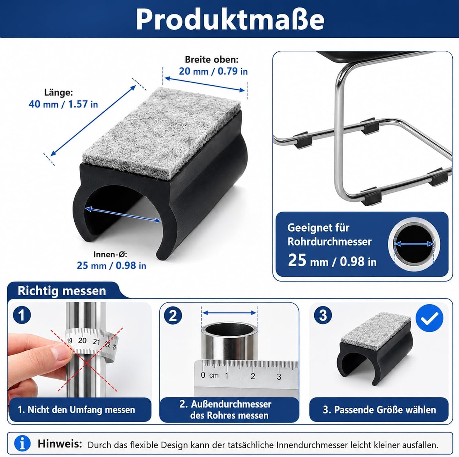24 stuks 25 mm stoelglijders, vrijdragende stoelglijders, met een antislip oppervlak van geluidsabsorberend vilt, dat geluiden dempt en de vloer beschermt, zwart