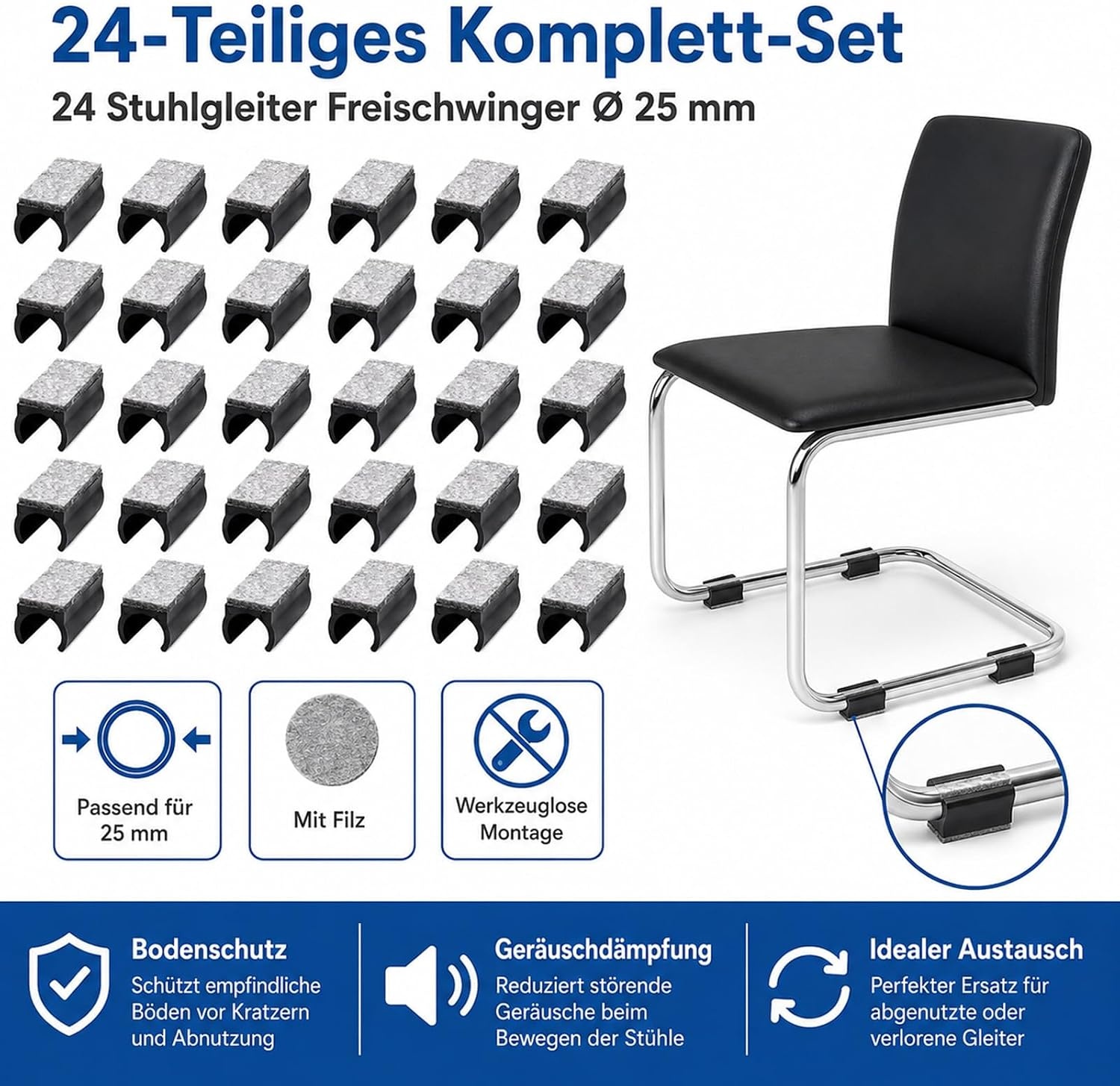 24 stuks 25 mm stoelglijders, vrijdragende stoelglijders, met een antislip oppervlak van geluidsabsorberend vilt, dat geluiden dempt en de vloer beschermt, zwart