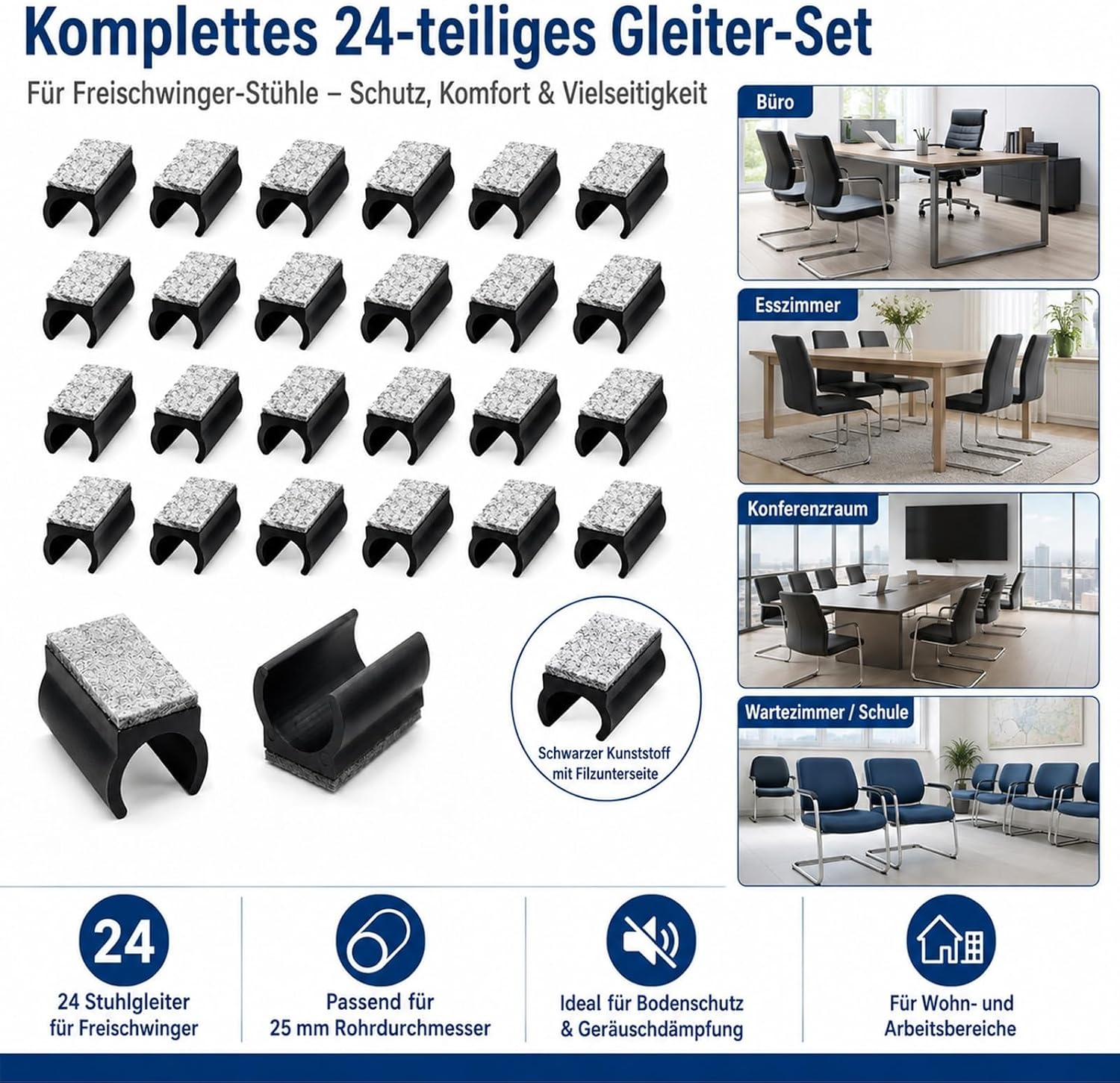 24 stuks 25 mm stoelglijders, vrijdragende stoelglijders, met een antislip oppervlak van geluidsabsorberend vilt, dat geluiden dempt en de vloer beschermt, zwart