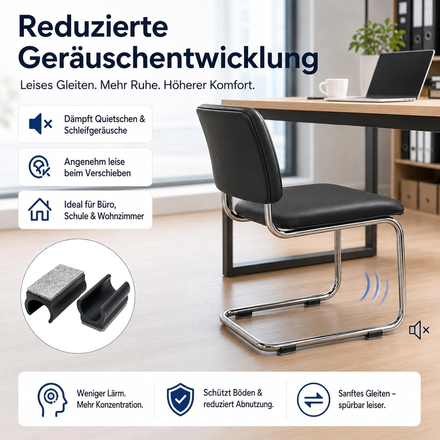 24 stuks 25 mm stoelglijders, vrijdragende stoelglijders, met een antislip oppervlak van geluidsabsorberend vilt, dat geluiden dempt en de vloer beschermt, zwart